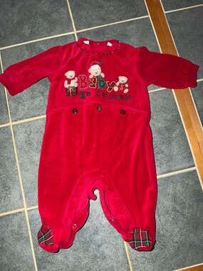 Miniwear Baby's 1st Christmas Red Velour Footed Sleeper Teddy Bear Embroidery